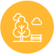 a line drawing of trees and a fence in a yellow circle .