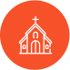 an icon of a church with a cross on top of it in an orange circle .