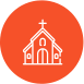 an icon of a church with a cross on top of it in an orange circle .