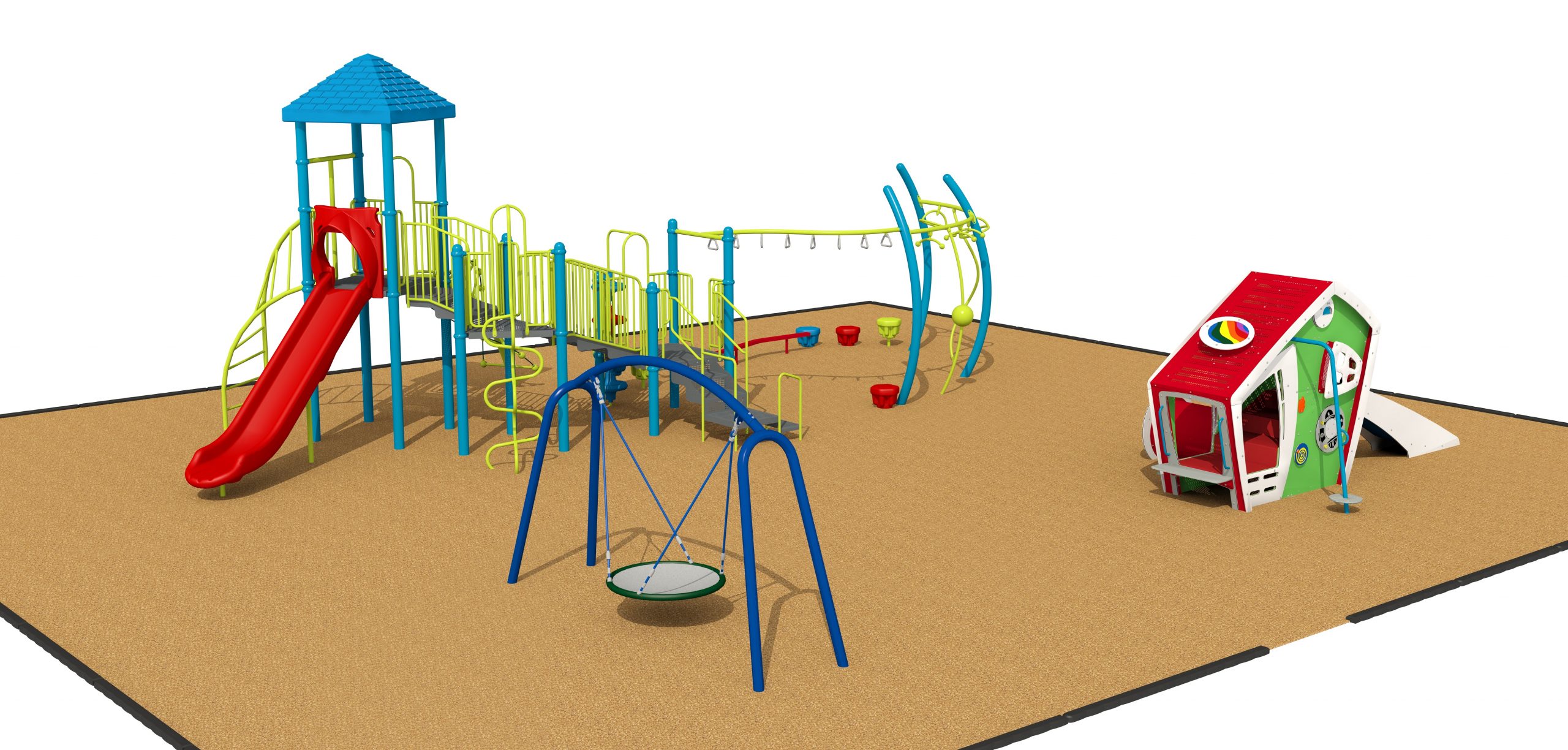 design layout of playground with inclusive play elements, fitness ailments, and standard playground structure