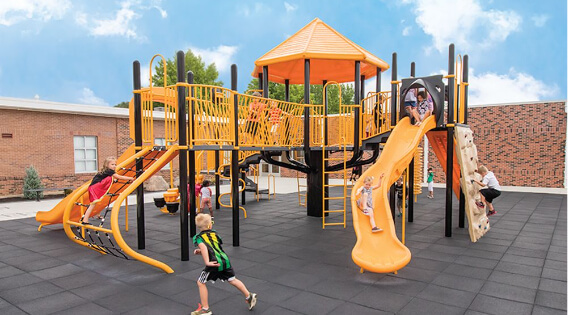 children playing on orange playground structure