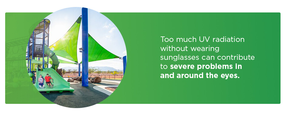 Too much UV radiation without earing sunglasses can contribute to severe problems in and around the eyes.